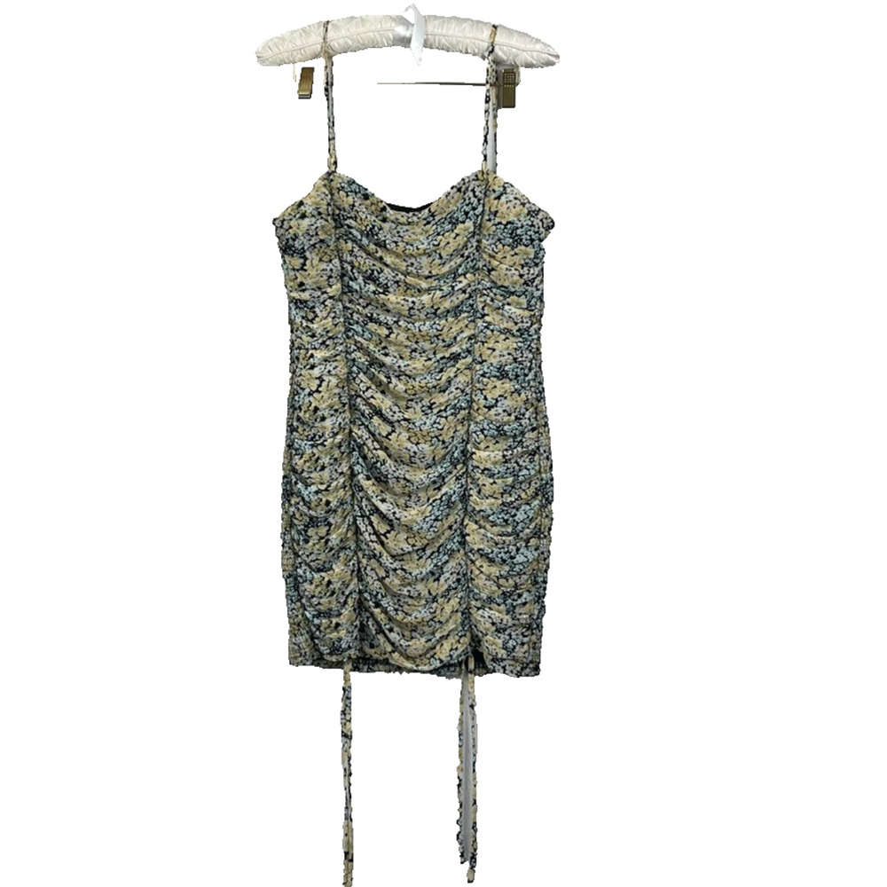 Kaylee Kollection Dress Women's Size Large Yellow Floral BodyCon Ruched Mini